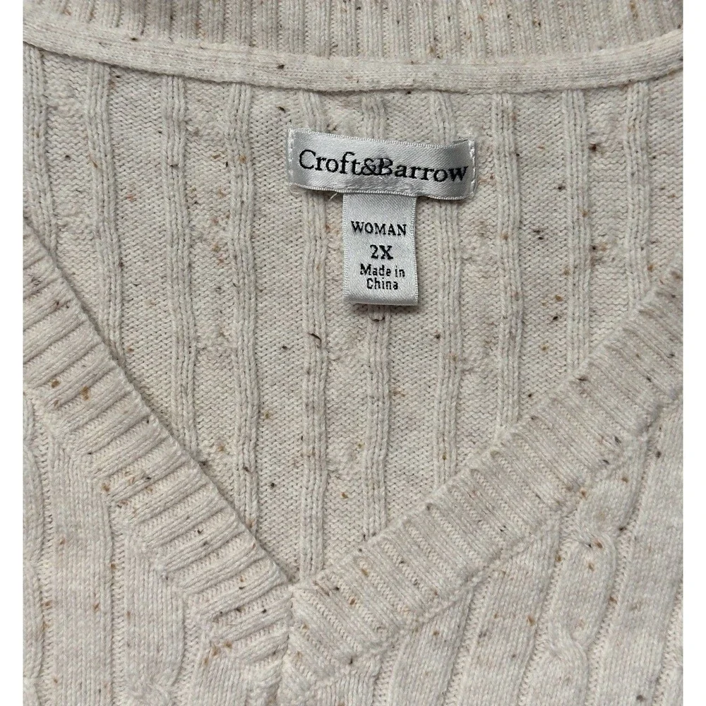 Croft & Barrow Women’s 2X Beige Speckled Cable Knit V-Neck Sweater Long Sleeve